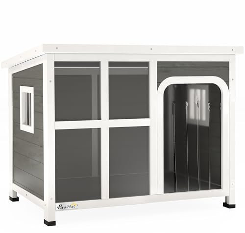 PawHut Outdoor Dog Kennel, Wooden Dog House Shelter with Asphalt Openable Top, Removable Floor, Clear Front Panel, Curtain, Windows, for Small, Medium Puppies, 90 x 62 x 71cm, Light Grey