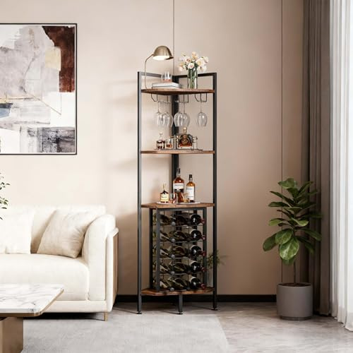 Warmiehomy Corner Wine Rack Free Standing Home Bar Drinks Cabinet for Living Room Kitchen Dining Room Office, Wooden Industrial 4-Tier Floor Wine Cabinet with 15 Wine Bottle Holder, Wine Glass Rack