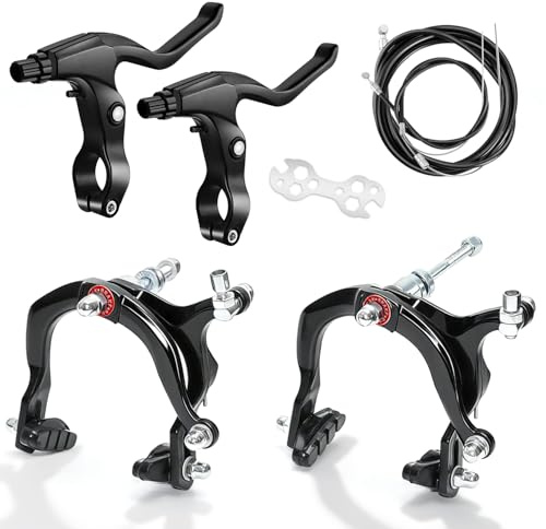 Qcdou Bike Brakes Set,Front and Rear C Bicycle Brake,Complete Universal Brake Set with Aluminium Alloy Brake levers,Inner and Outer Cables for Kids Bike,BMX, Child Bike, Bicycle, BMX etc(Black-B