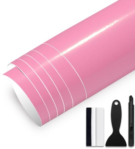 GRTHTATI 30 cm x 150 cm bilfolie glans bilfilm självhäftande bilwrap-folie med luftkanaler bubbelfri bilfilm för motorcykel, cykel, gör-det-själv (rosa glans, 30 cm x 150 cm)