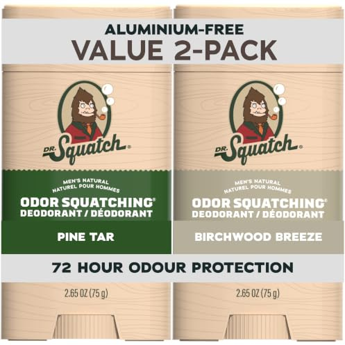 Dr. Squatch Natural Men’s Deodorant – Aluminium Free Natural Deodorant For Men with Charcoal & Postbiotics for 72-Hour Odor Protection – Birchwood Breeze & Pine Tar, 75g Stick (2-pack)