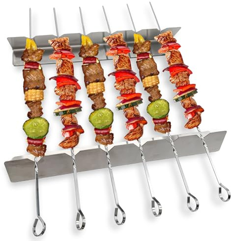 LEKEFETO - Juego de 2 brochetas para barbacoa, 6 brochetas de acero inoxidable, juego de brochetas de acero inoxidable y metal, con estante fijo, pinchos para carne y verduras