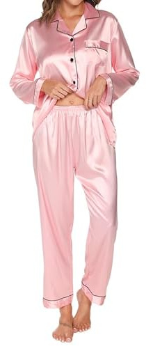 TeJoyce Sidenpyjamas för kvinnor, 2-delat satinpyjamas, långärmad skjorta med knappar och matchande byxor, lätta och andningsbara sovkläder för kvinnor för hemmet