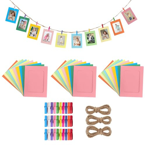 30 Pz Cornice di Carta per Foto DIY 6 pollici, Cornice Portafoto in Carta Kraft cartoncino 15,5 x 11,5 cm, cornici portafoto in cartone,con Clip di Legno e Corda di Canapa, per Decorazione(Colore)