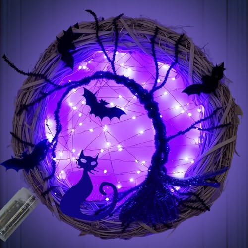Corona de Murciélagos para Puerta de Halloween,Corona de Halloween con Luces, LED Decoración halloween Luces Moradas para Exteriores,Interiores,Paredes y Ventanas Decoración de Pared para Fiestas