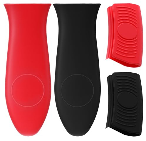 LXUEJIE 4 Pack Silicone Hot Handle Holder, Heat Resistant Silicone Pot Holders Non-Slip Pot Handle Holder Sleeve Grip Handles Cover Potholder for Cast Iron Metal Fry Pan Cookware Handles (Red, Black)