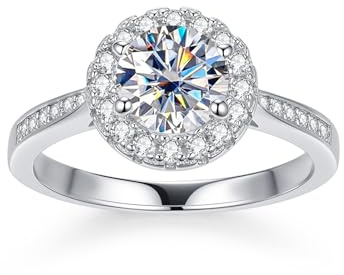 Damenring - Moissanit-Ring, mit GRA-Zertifikat, 925er Silber, Farbgrad D+, Reinheit VVS1, 18K Weißgold Beschichtet, Plasmaschnitt, Geeignet für: Verabredung / Tägliches Tragen / Hochzeit / Jubiläum