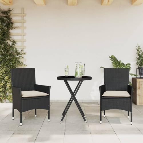 Owoxanthellate Set da 3 pezzi da giardino in polyrattan, 60 cm, con piano in vetro e cuscino, moderno, resistente alle intemperie, per balcone, terrazza e piccoli gruppi di seduta per esterni