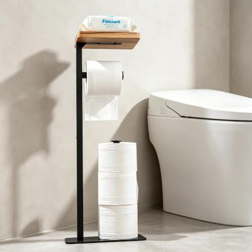 YIGII Free standing Toilet Paper Holder with Shelf, Brown | Rustproof metal frame with wood shelf for phone/items, Non-slip base, Holds up to 4 rolls, Bathroom storage organizer