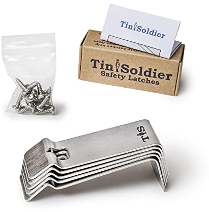 Tin Soldier Metal Cabinet and Drawer Safety Latches childproofing Lock (5-Piece Set) | Heavy-Duty Stainless Steel Design | Business, Kitchen, Bathroom, Garage, RV | Kids, Pets | Includes Hardware