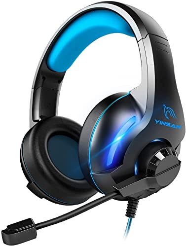 YINSAN Gaming Headset for PS5 PS4 Xbox Series X/S Nintendo Switch Xbox One PC, Wired Gaming Headphones with Stereo Surround Sound Noise Cancelling Mic One-key Mute Button, Blue - LED Lights