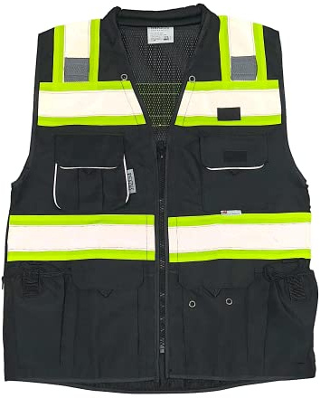 REXZUS Black Safety Vest, XX-Large, Men's Professional Surveyors Vest with Zipper and Utility Pockets