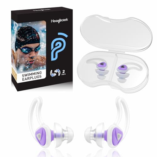 Hearprotek Swimming Ear Plugs Adults, Reusable Silicone Ear Plugs Purple | 2 Pairs Waterproof Swim Ear Plugs, Ear Protection for Swimming, Shower, Bathing, Pool & Surfing, Custom Fit with 3 Wing Sizes