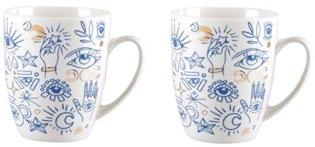 GENEVIEVE LETHU 540696 Set de 2 Mugs de 35 cl en Porcelaine - Collection MATAKI Coloris Blanc-bleu-doré - Mug à café, thé, tisane dans boîte coffret