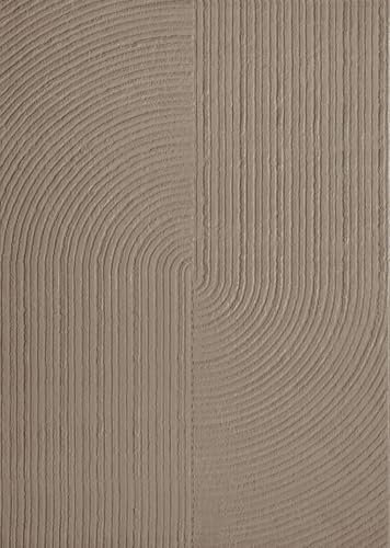 VIMODA Moderner Kurzflor-Teppich Boho Wohnzimmer Schlafzimmer dünn mit 3D Hoch-Tief Effekt Pflegeleicht, Farbe:Taupe, Maße:160x230 cm
