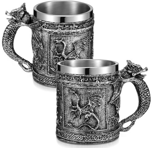 Reallnaive 2 Pcs Medieval Dragon Mug 15oz Goth Game Coffee Mug Novelty Thrones Beer Stein Tankard Stainless Drinking Cup for Men Lover Collector Medieval Gift Party Decoration