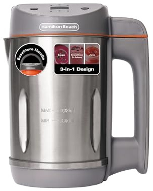 Hamilton Beach 3-in-1 Soup Maker, Smoothie Blender & Jam Maker, 1.6L, Easy Read Angled Digital Display, Auto-Stir & Overspill Sensor, Makes 4-6 Portions of Soup, Easy Clean, Grey - HBSM003G