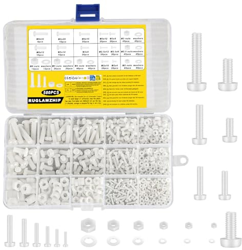 580 Pz Set di Viti M2.5 M3 M4 M5 M6, Bulloni a Testa Tonda e Dadi e Rondelle Set, Viti a Testa a Croce in Nylon Bianco e DadiViti a Testa Piatta in Plastica Bianco per Macchine