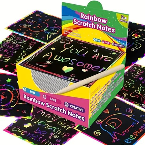 Regenbogen Kratzpapier Kunst: 100 teiliges Bastelset für Farbzeichnung Notizblock Versorgung Mädchen DIY Partyspiel Aktivität Geburtstagsspielzeug Geschenkset (Black One Size)