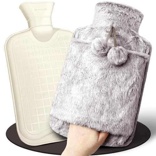 Wärmflasche mit Weichem Bezug, 2L Groß Auslaufsicher Wärmflaschen mit Känguru-Tasche, Naturkautschuk+Bettflasche Flauschig, Wärmflasche lange warm