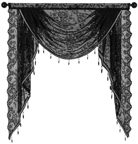 Jorzer Cantonnière cascade avec pampilles et perles, style vintage, motif floral, noir, 99 x 104 cm, voilages semi-transparents en dentelle pour Halloween, chambre à coucher, rideaux en dentelle noire