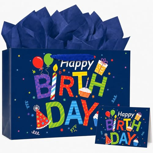 Large Blue Birthday Gift Bag for Kids Boys Girl,21.5×32×12 cm