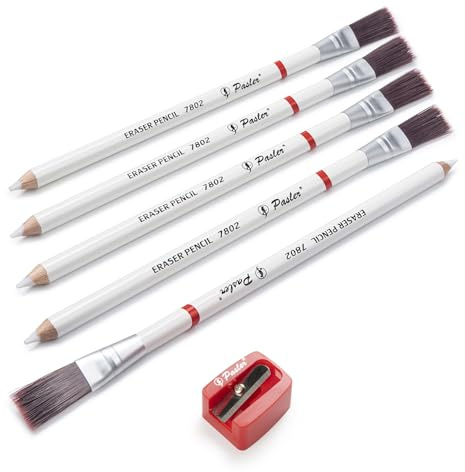 Pasler Eraser Pencil Set of 4, White, Basswood, Brush Eraser, Fine Point Erasing, for Drawing and Writing