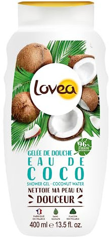 Lovea – Gel de ducha – Agua de coco – Espuma fina y untuosa – Limpia con suavidad – 96% de origen natural – PH neutro – Sin sulfato – Fabricado en Francia – 400 ml