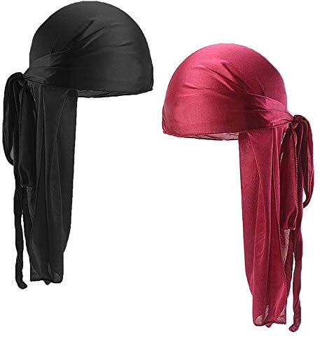 2 PCS Durag de Seda Para Hombres y Mujeres, Gorro de Onda Sedoso 360 Bandanas Piratas Para Hombre, Pañuelos de Cabeza de Satén Turbante Para el Cabello Con Cola Extra Larga y Correas Anchas