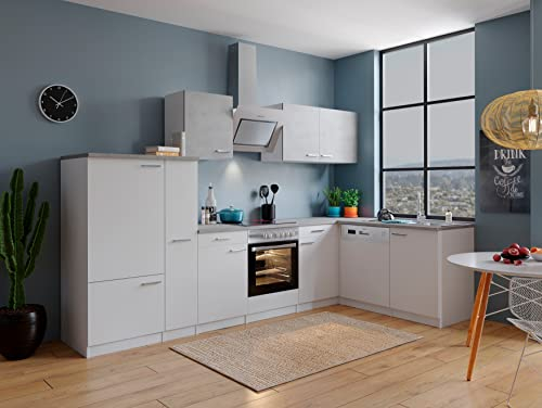 respekta Küche Küchenzeile Küchenblock Winkelküche Weiß Beton Malia 310 x 172 cm