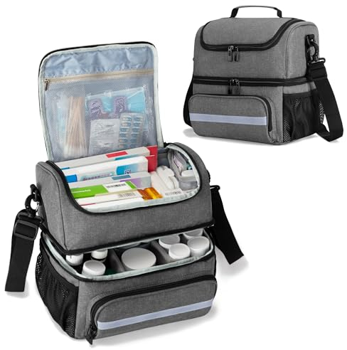 CURMIO Doppelschicht Medizinische Tasche, Tragbar Reiseapotheke, Notfalltasche für Medizinflasche, Vitamine, Medizinisches Zubehör (Leere Tasche), Grau