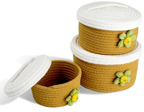 Cesta de almacenamiento de cosméticos de 3 piezas de hilo de algodón natural con tapa - Cesta lavable y decorativa para almacenamiento