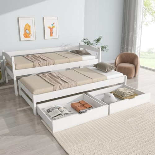Skcess Cama individual y doble, cama deslizante con ruedas inferiores, con 2 cajones de MDF, marco de madera maciza, blanco (200 x 90 cm/190 x 90 cm)