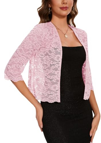 MINTLIMIT Loose Bolero Cardigans for Women Open Front 3/4 Sleeve Top Bolero Shrugs Lace (Pink XXL)