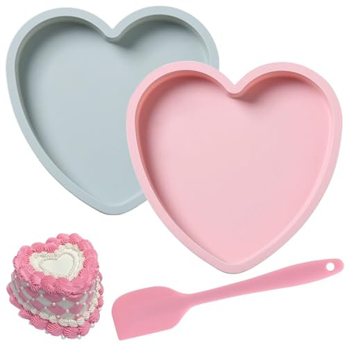 CERICAI 2 Pack 8-Inch Cake Fruit Heart-Shaped Molds, Non-Stick Silicone Baking Pans, Reusable Fixed-Base Cake Mold with Scraper, BPA Free Heart Baking Tray for Cakes, Pudding, Cheesecake, Pink, Blue