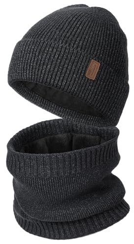 Wmcaps Winter Hat and Scarf Set for Men Women, Fleece Lined Knitted Beanie and Neck Warmer Soft Thermal Warm Accessories for Cold Weather, Unisex Christmas Birthdays Gift (Dark Grey)