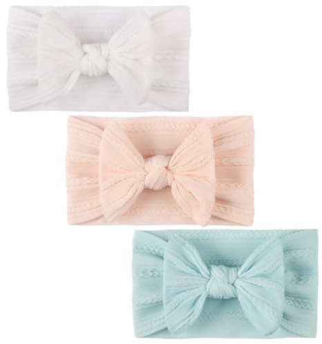 JUGUTA 3 Diademas Bebe, Cintas Para La Cabeza De Turbante Para Niña, Nylon, Lazo Suave, Gorro Elástico, Recién Nacidos, Niños Pequeños, Blanco, Beige Y Azul, Talla Elástica