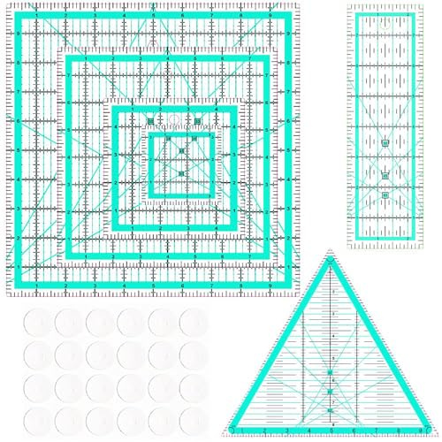 Evadollina 5 Pièces Règle de Quilting, Équerre Grande, Règle Patchwork et 24 Autocollants Antidérapants, pour Usage Multiple (3,5/5/8/9/10/2.5 x 8 pouces)