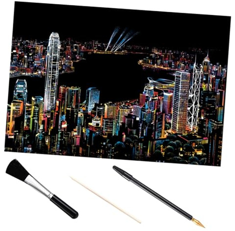 SOIMISS Kit de Pintura Rasguño para Papel de Dibujo Scratch Imagen Nocturna de Ciudad y Accesorios DIY con Bolígrafo Pincel y Varilla de Bambú para Manualidades Educativas