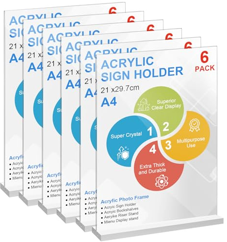 HXSEMAYIG 6pack Acrylic Sign Holder, T-Shape Perspex A4 Menu Display Stand for Poster for Office Shop Restaurant School