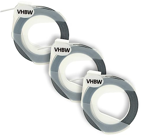 vhbw 3x 3D Prägeband-Schriftband-Kassette kompatibel mit Dymo 1610, 1595GY, 1745, 1755, 1765, 1805 Etiketten-Drucker 3m x 9mm Weiß auf Schwarz