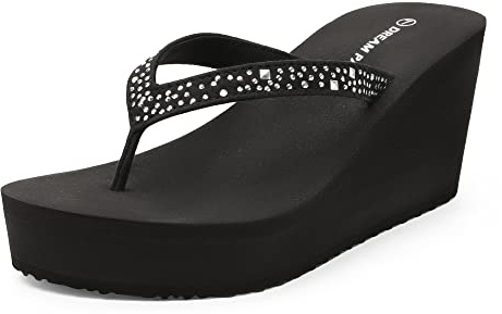 DREAM PAIRS Women's Platform Flip Flop Rhinestones Arch Support Comfortable Soft Cushion Wedge Flip Flops Summer Thong Sandals,Size 8,Black,SDFF2222W