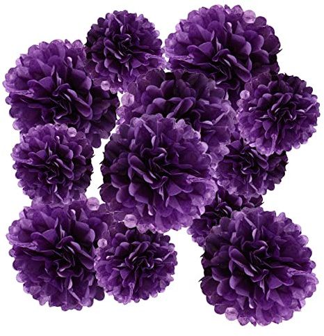 YESON Purple Tissue Paper Pom Poms Hanging Tissue Flowers Poms Decorations Pack of 12 for Wedding, Birthday,Party Backdrop Decor ect. (12, 10,Tissue Paper Flowers)
