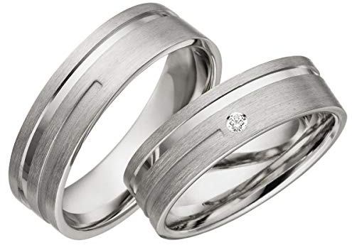 JC Trauringe 925er Sterling Silber Paar-Preis I Eheringe mit kostenfreier Gravur I Partnerringe 6mm breit inkl. Etui I Herren-Ring ohne & Damen-Ring mit Zirkonia-Stein I Größe 48 bis 72 I A13