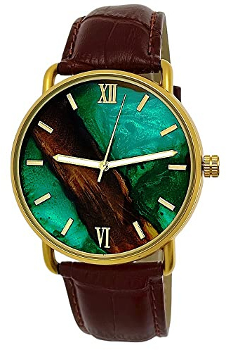 Holzwerk Germany® Designer herrklocka epoxiharts natur trä klocka armbandsur analog klassisk kvartsklocka brun guld blå grön med epoxiharts urtavla, BRUN