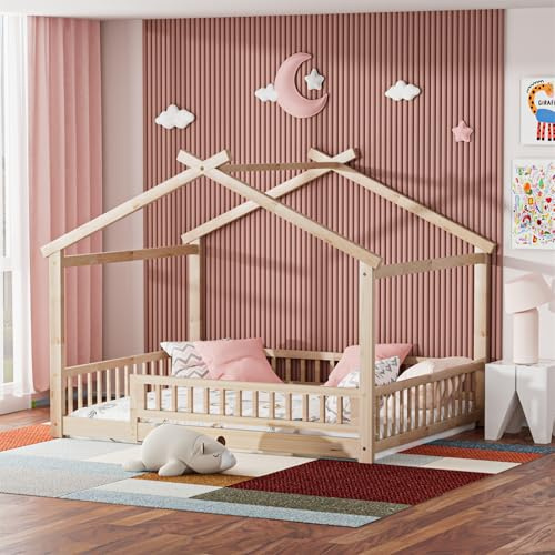 LLS Full Size House Bed with Fence, Wooden Montessori Bed with Slats Support, Floor Bed Frame for Boys Girls Bedroom, Natural