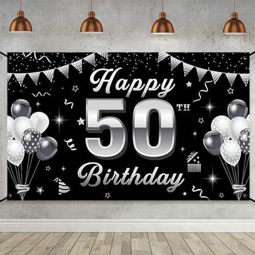 50 Geburtstag Banner Schwarz Silber Geburtstag Dekoration 50 Jungen Mädchen Banner 50 Geburtstag Extra Große Geburtstag Deko 50 Jahrestag Hintergrund Banner Schild Poster zum 50 Geburtstag Party Deko