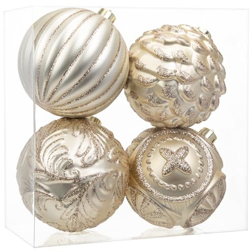 Arborus 4 STK Christbaumkugeln Weihnachtsbaumschmuck 12 cm Weihnachtskugeln Champagner Kunststoff Kugeln Glitzer Christbaumschmuck Weihnachtsbaumkugeln Tannenbaumkugeln Weihnachten Deko Adventsdeko
