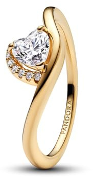 PANDORA Ladies Gold Wave Heart Ring 163660C01, 58/18.5, Sterling Silver, Cubic Zirconia, 58/18,5, Sterling Silver, Cubic Zirconia