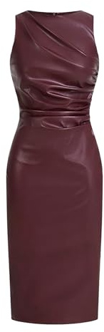 WDIRARA Women's PU Leather Ruched Sleeveless Slit Bodycon Midi Tank Dress Burgundy Large